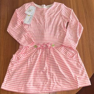Florence Eiseman Pink and White Striped Dress with Floral Detail